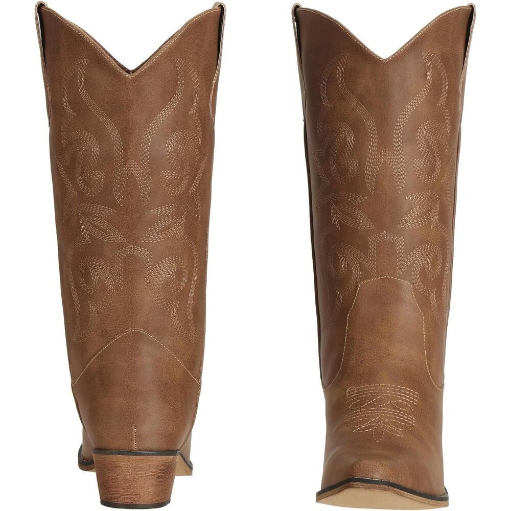 SheSole Western Boots Women Brown  Faux Leather Square Toe Wide Mid Calf - Picture 2 of 7